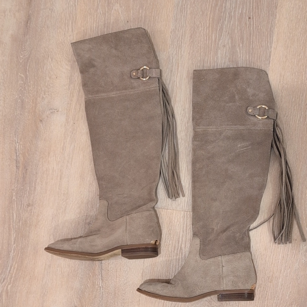 Michael Kors Suede Taupe Knee High Boots With Fringe Tassels Size 6.5